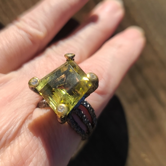 HUGE 16k biased diamond cut Natural Lemon Quarts Sterling & Rhodium ring sz8.5 - Picture 2 of 12